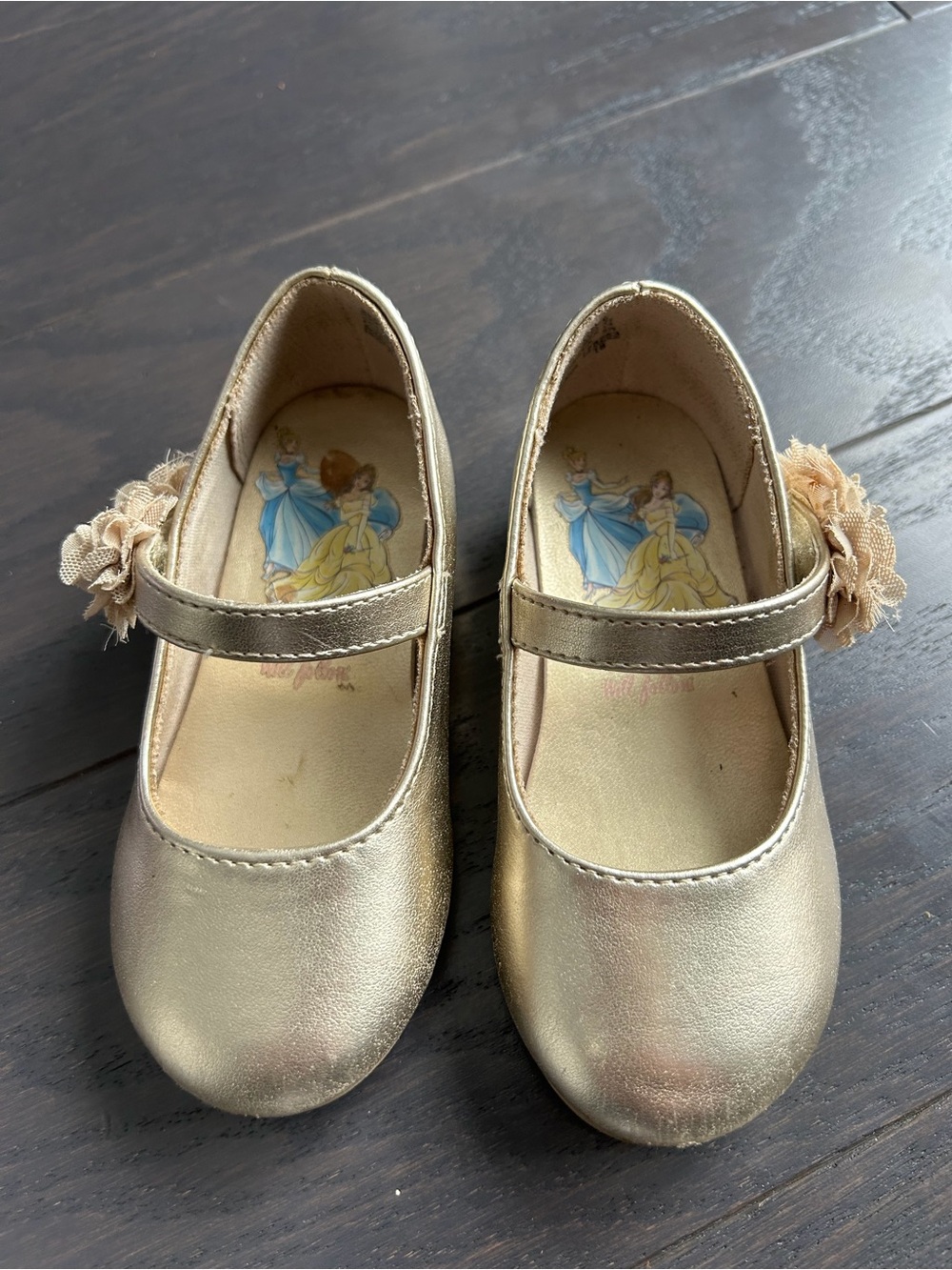 Disney Girls Metallic Gold Mary Jane Dress Shoes with Floral Accent